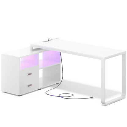55'' L Shaped Desk with File Cabinet, Power Outlet, and LED Lights, Reversible