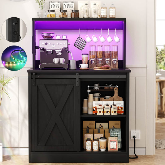 Farmhouse Coffee Bar Cabinet with Charging Station, LED Lighting