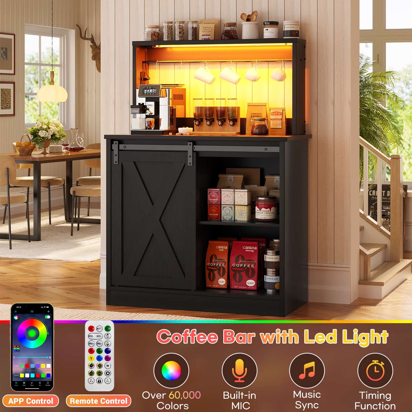 Farmhouse Coffee Bar Cabinet with Charging Station, LED Lighting