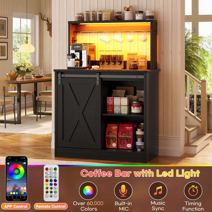 Farmhouse Coffee Bar Cabinet with Charging Station, LED Lighting