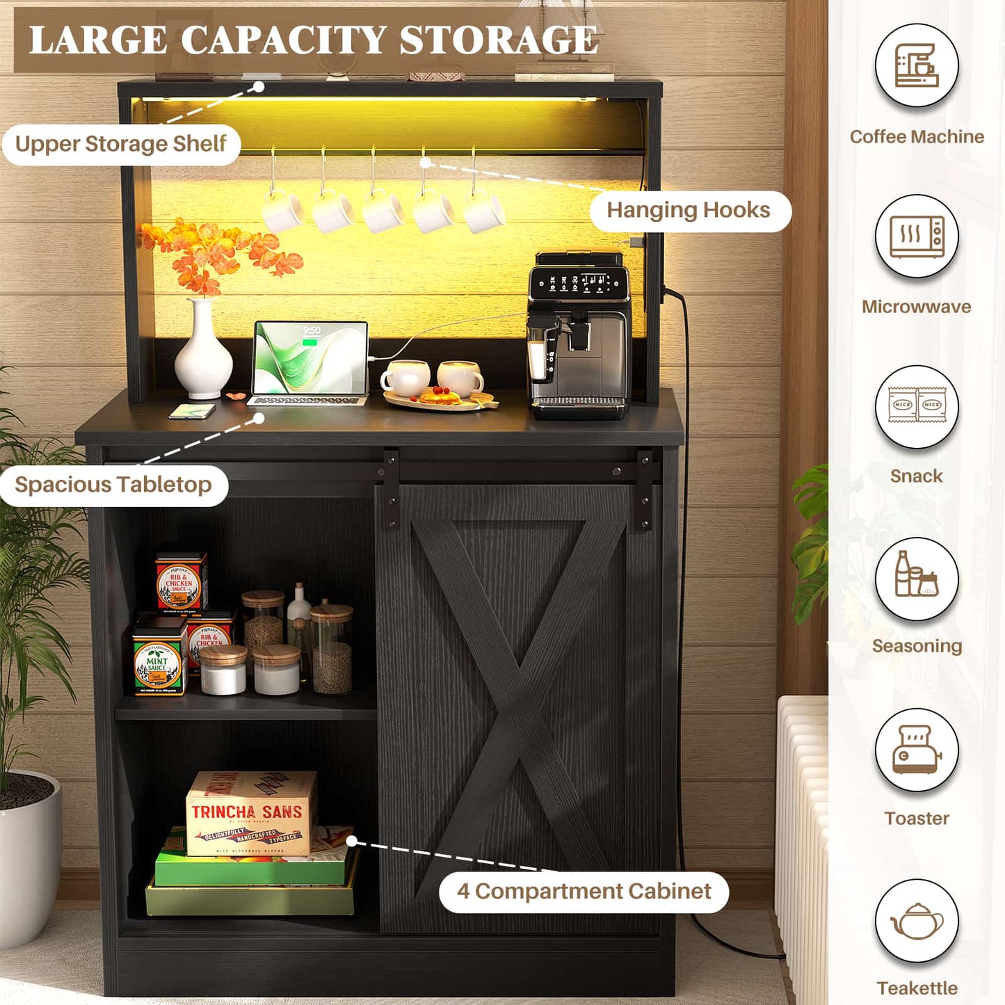Farmhouse Coffee Bar Cabinet with Charging Station, LED Lighting