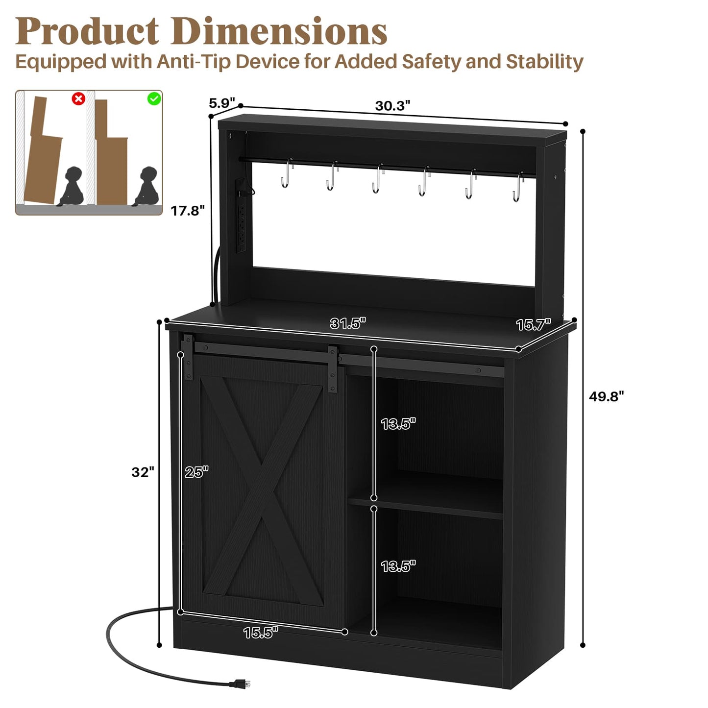 Farmhouse Coffee Bar Cabinet with Charging Station, LED Lighting