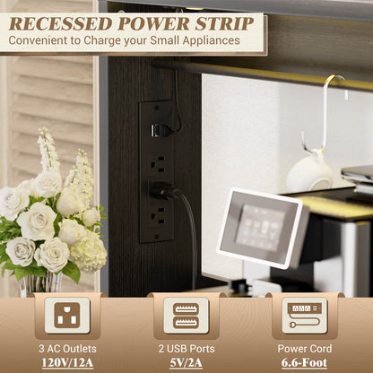 Farmhouse Coffee Bar Cabinet with Charging Station, LED Lighting