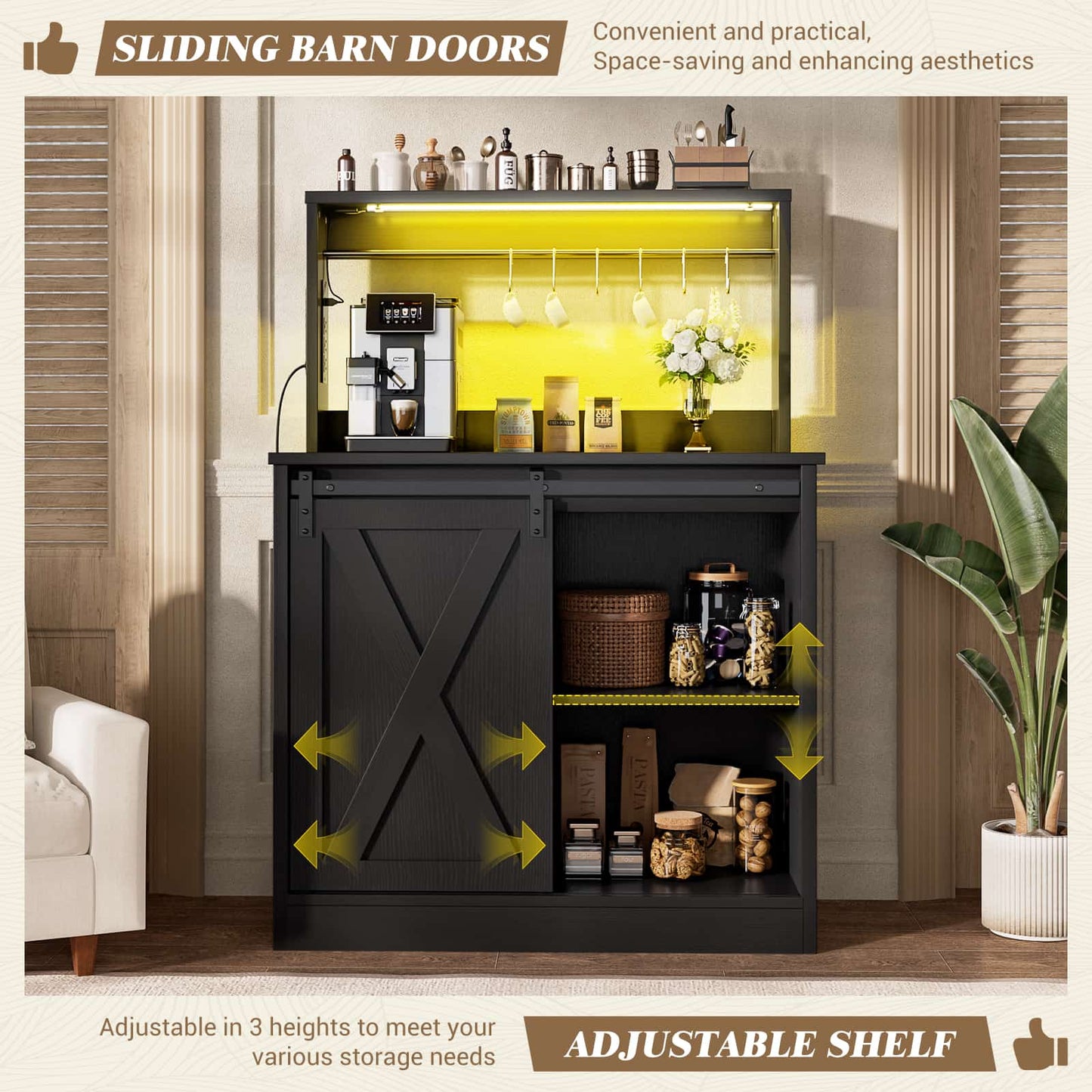 Farmhouse Coffee Bar Cabinet with Charging Station, LED Lighting