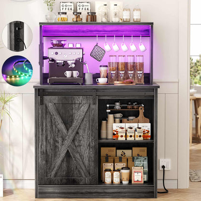 Farmhouse Coffee Bar Cabinet with Charging Station, LED Lighting