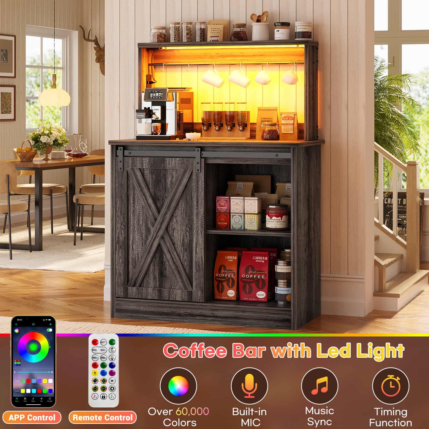 Farmhouse Coffee Bar Cabinet with Charging Station, LED Lighting