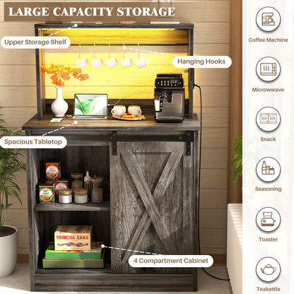 Farmhouse Coffee Bar Cabinet with Charging Station, LED Lighting