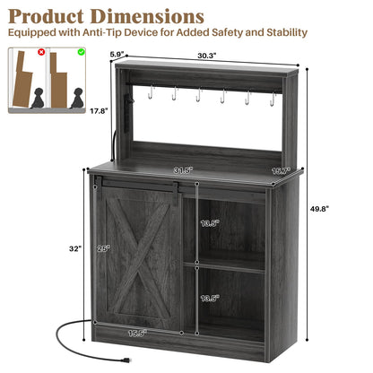 Farmhouse Coffee Bar Cabinet with Charging Station, LED Lighting