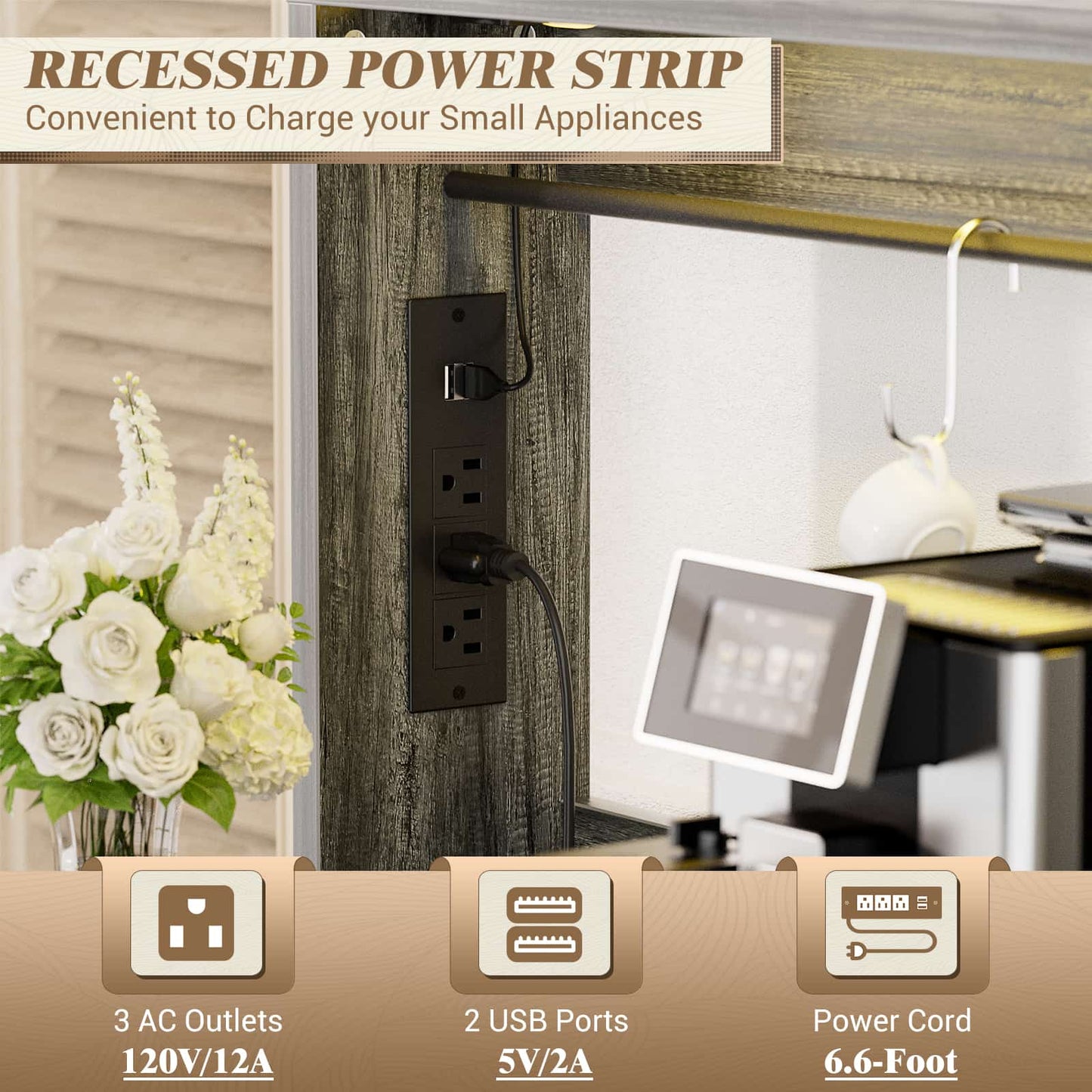 Farmhouse Coffee Bar Cabinet with Charging Station, LED Lighting