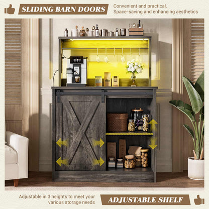 Farmhouse Coffee Bar Cabinet with Charging Station, LED Lighting