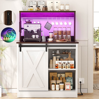 Farmhouse Coffee Bar Cabinet with Charging Station, LED Lighting