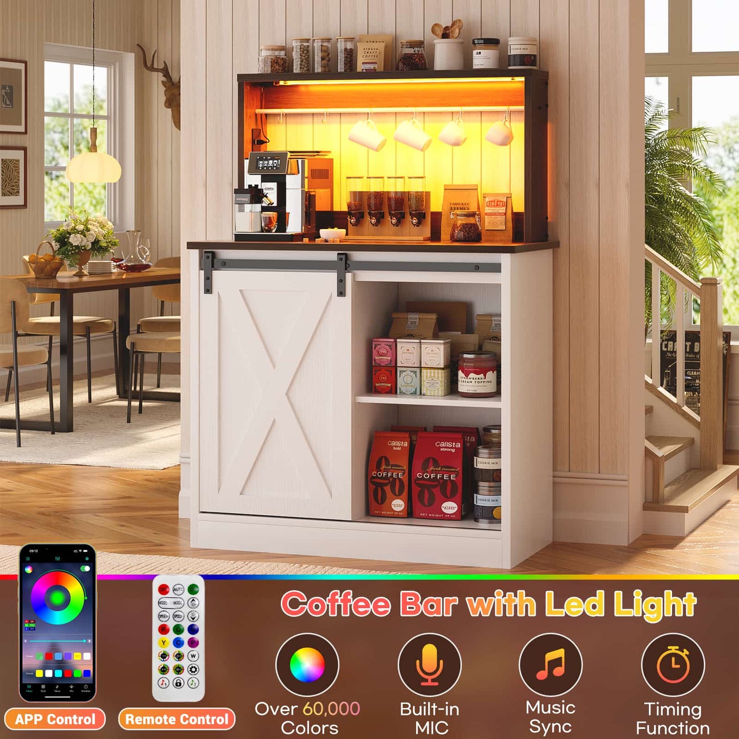 Farmhouse Coffee Bar Cabinet with Charging Station, LED Lighting