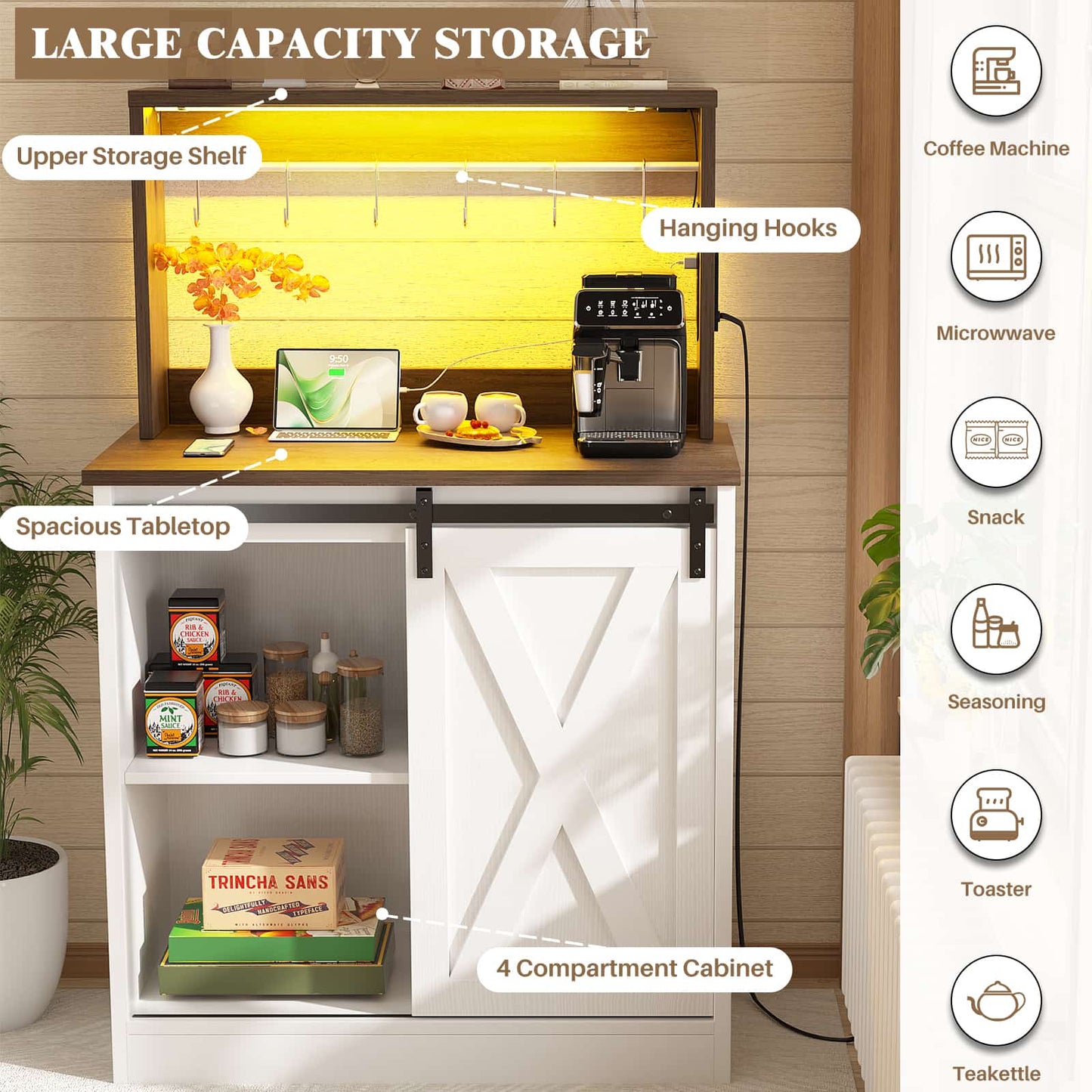 Farmhouse Coffee Bar Cabinet with Charging Station, LED Lighting