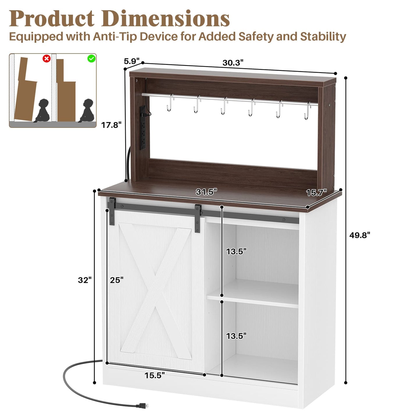 Farmhouse Coffee Bar Cabinet with Charging Station, LED Lighting