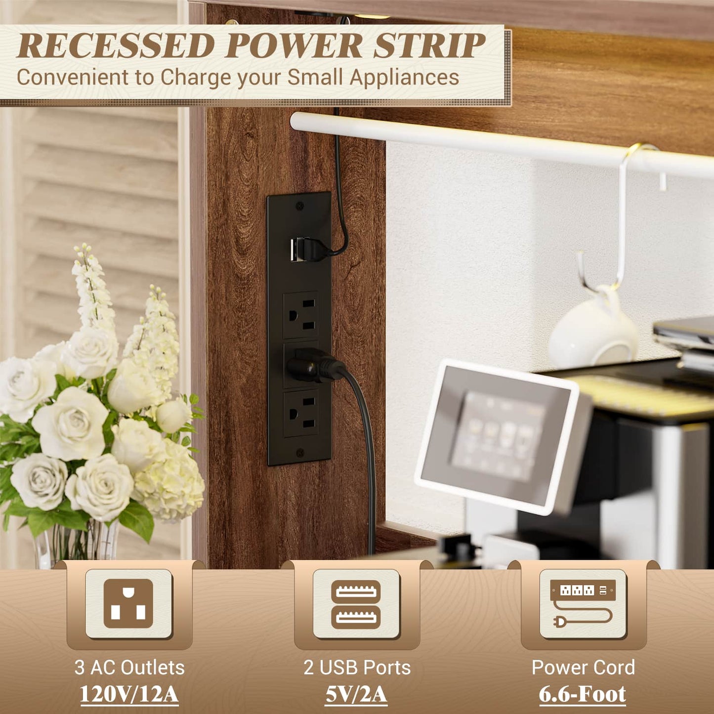 Farmhouse Coffee Bar Cabinet with Charging Station, LED Lighting