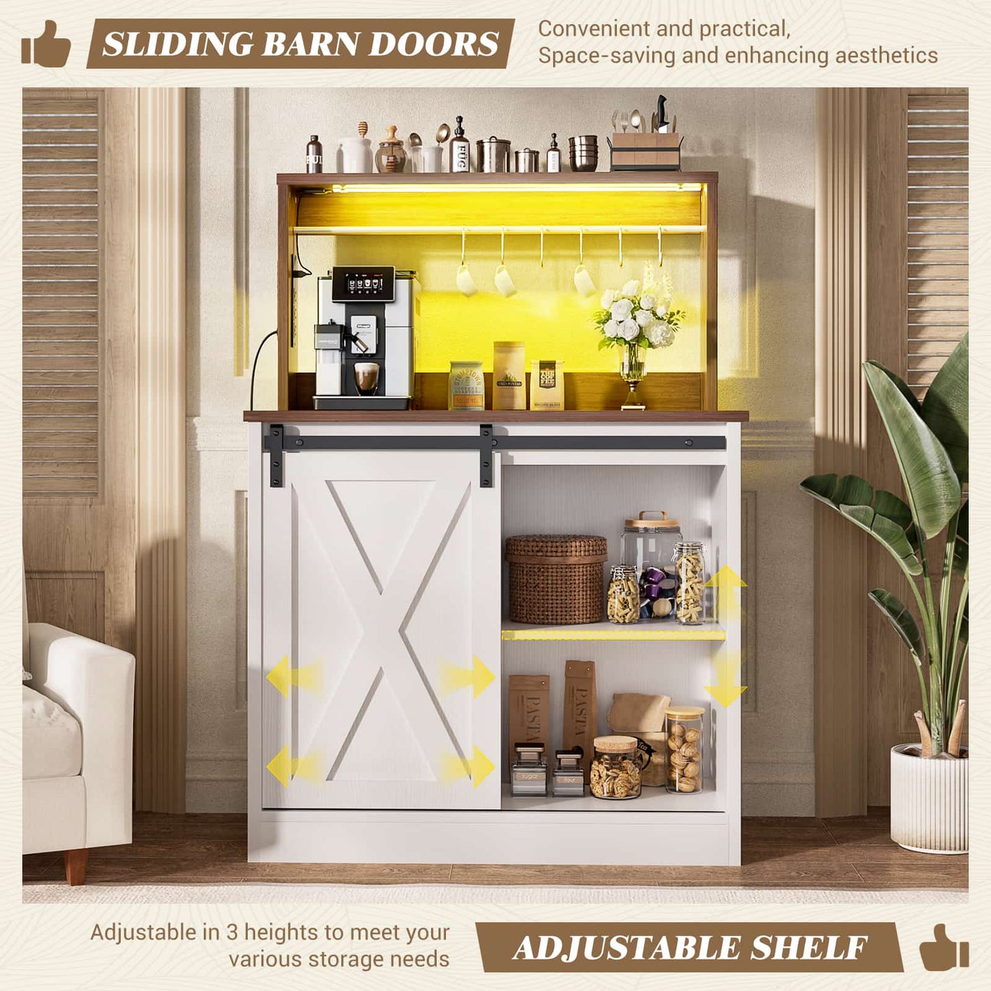 Farmhouse Coffee Bar Cabinet with Charging Station, LED Lighting