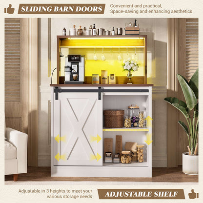 Farmhouse Coffee Bar Cabinet with Charging Station, LED Lighting