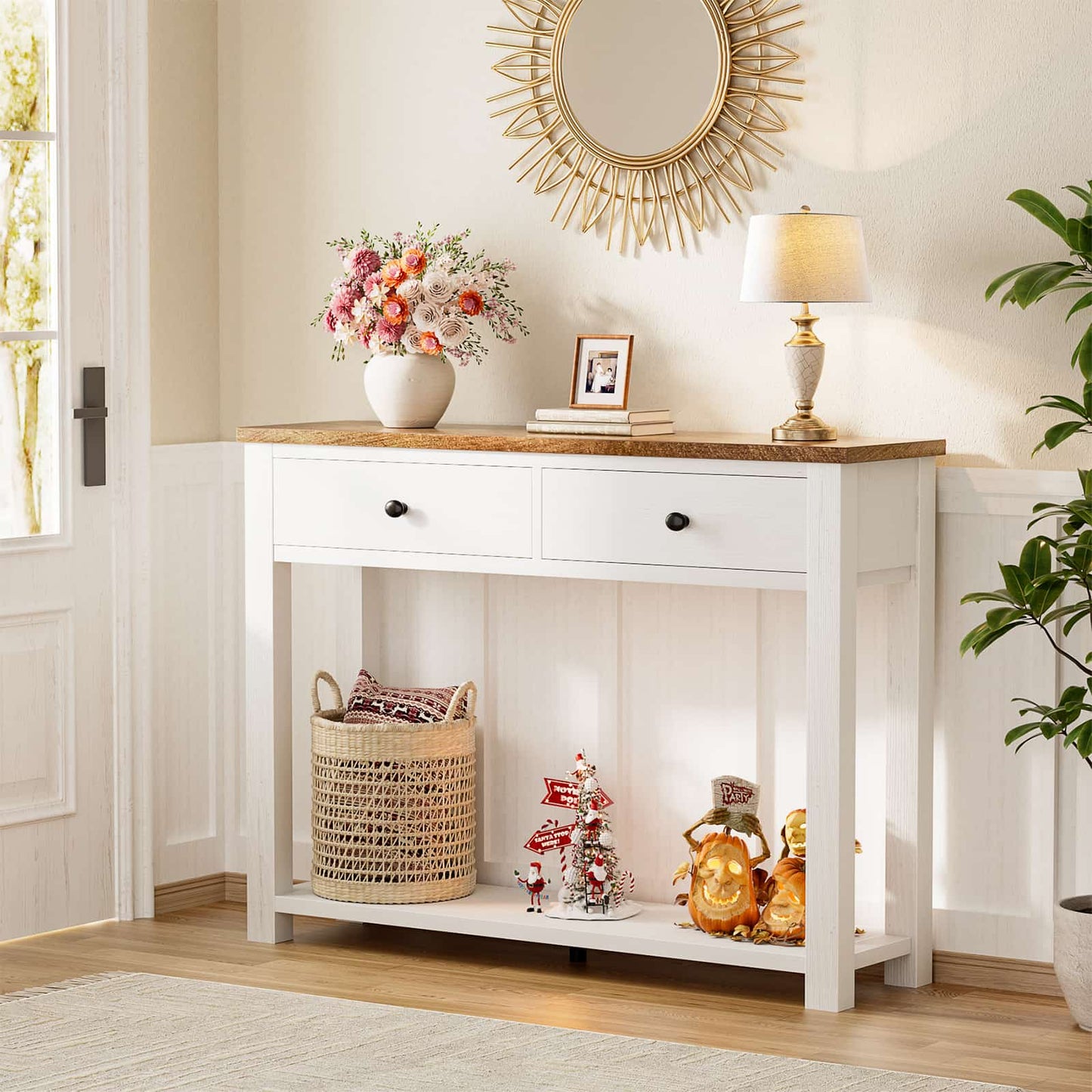 32'' Farmhouse Console Table with 2 Wood Drawers & Charging Station