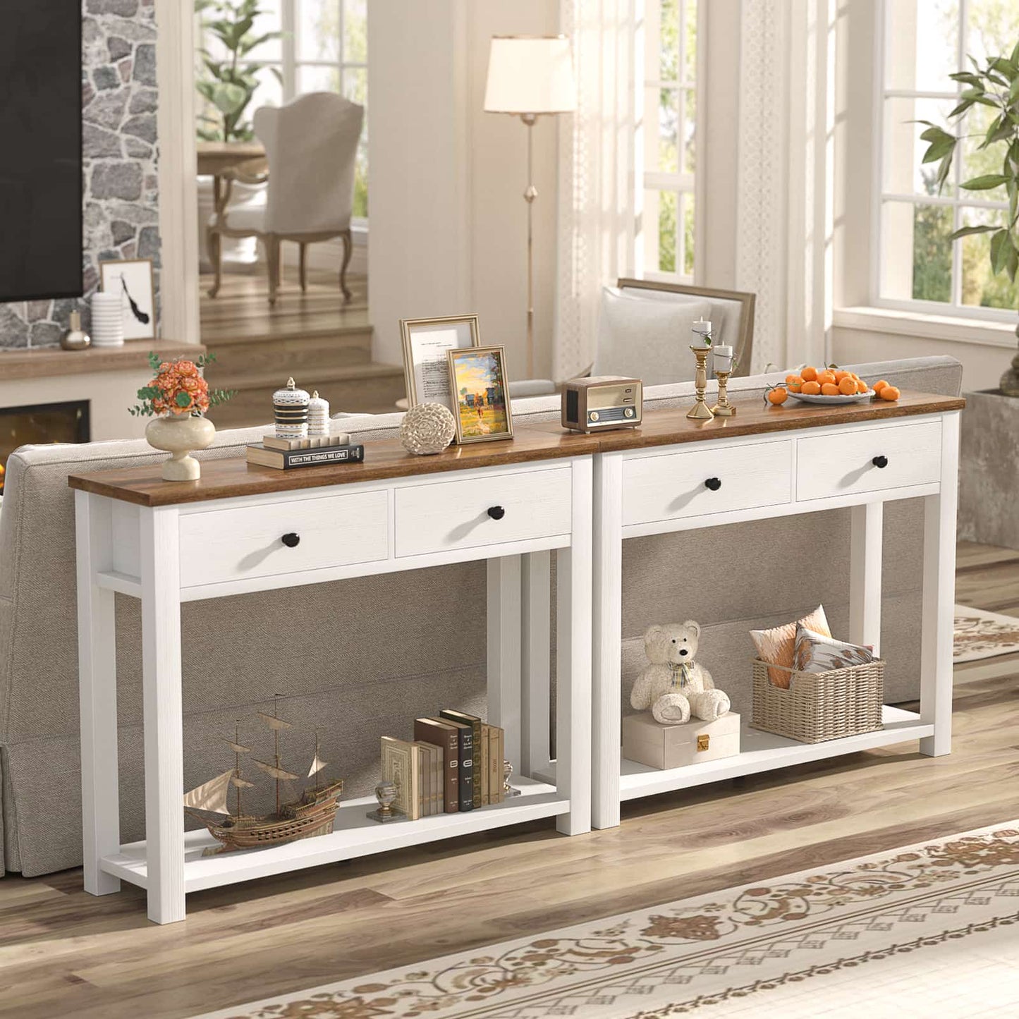 32'' Farmhouse Console Table with 2 Wood Drawers & Charging Station