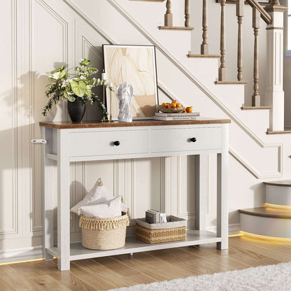 32'' Farmhouse Console Table with 2 Wood Drawers & Charging Station
