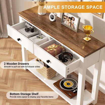 32'' Farmhouse Console Table with 2 Wood Drawers & Charging Station