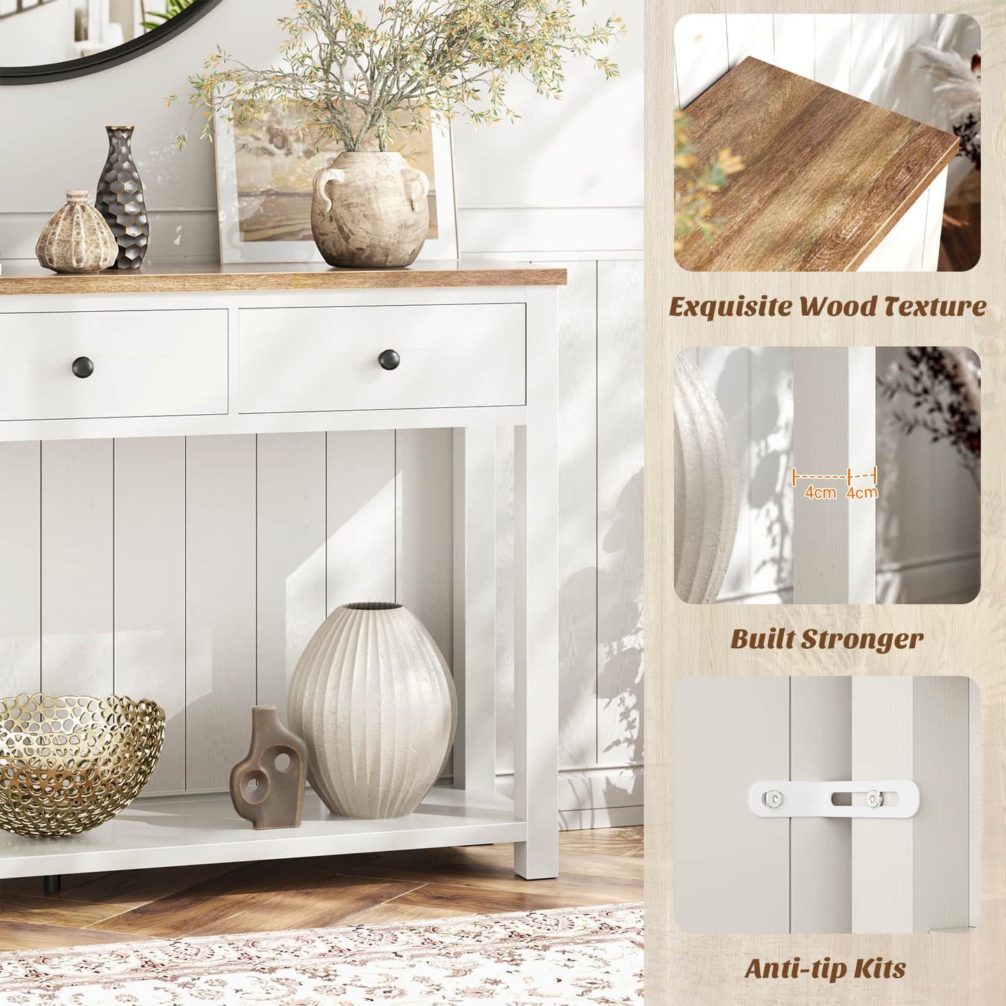 32'' Farmhouse Console Table with 2 Wood Drawers & Charging Station