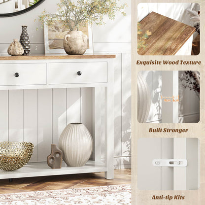 32'' Farmhouse Console Table with 2 Wood Drawers & Charging Station
