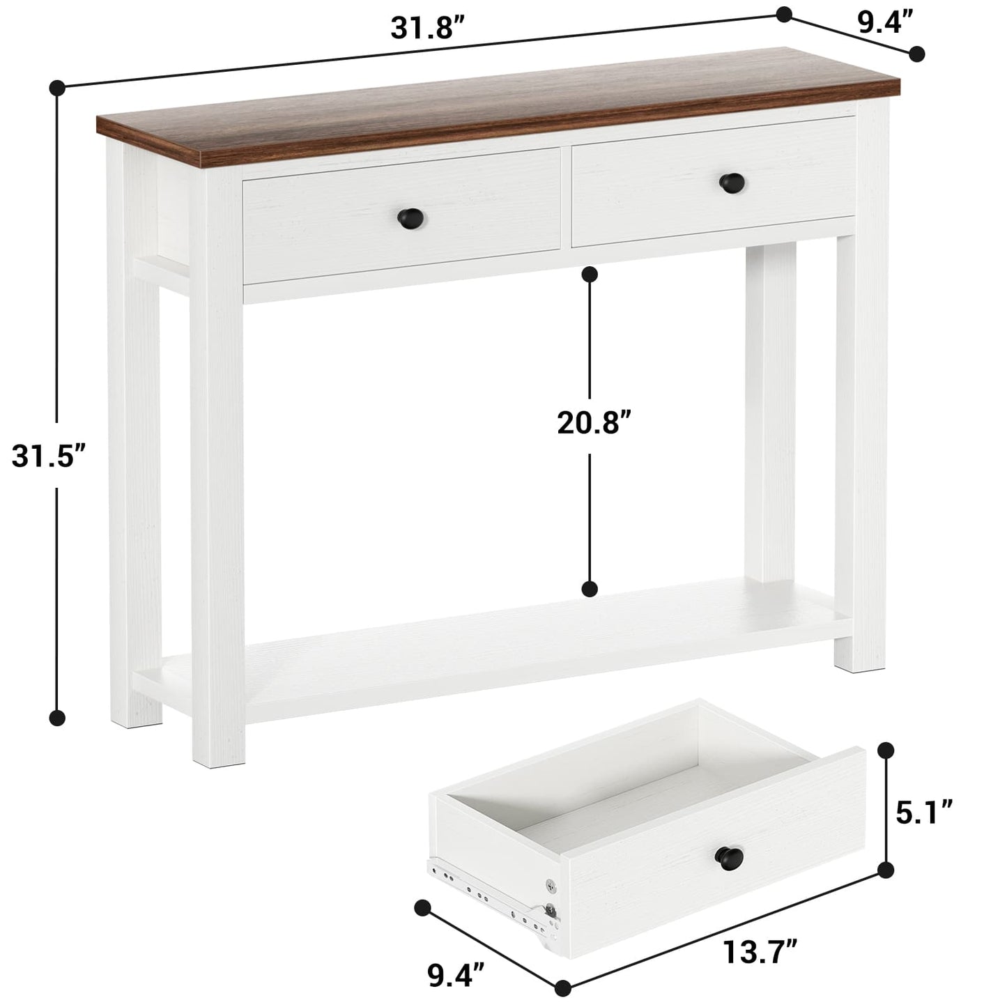 32'' Farmhouse Console Table with 2 Wood Drawers & Charging Station