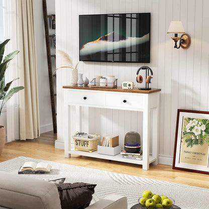 32'' Farmhouse Console Table with 2 Wood Drawers & Charging Station