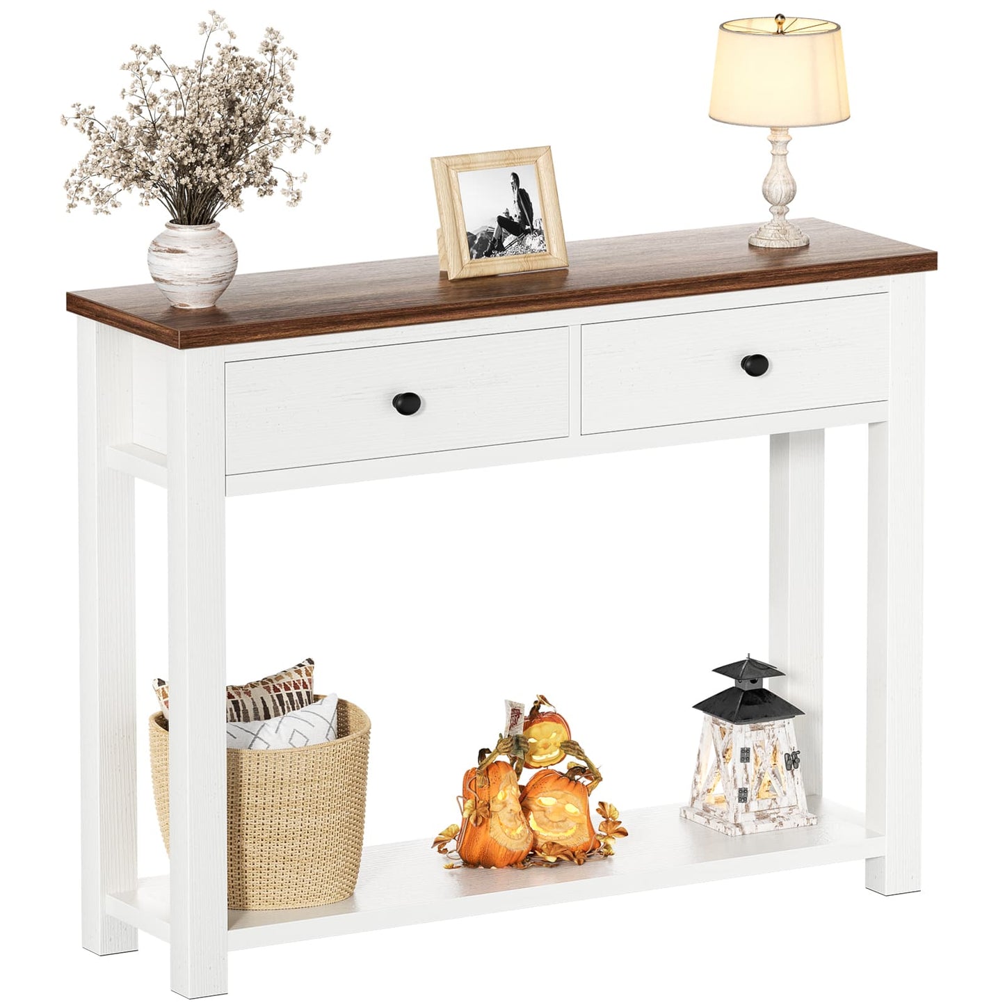 32'' Farmhouse Console Table with 2 Wood Drawers & Charging Station