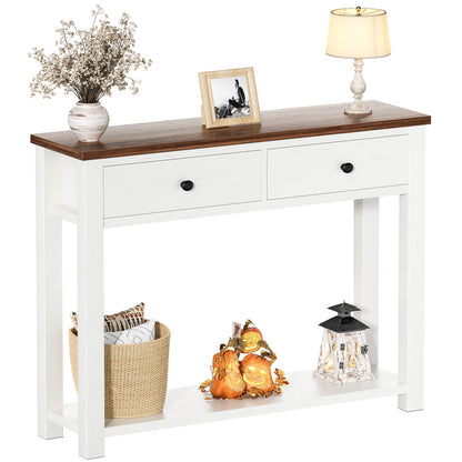 32'' Farmhouse Console Table with 2 Wood Drawers & Charging Station