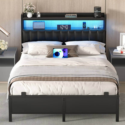 Full Size Bed Frame with Upholstered Leather Headboard, Built in Power Outlets and LED Lights