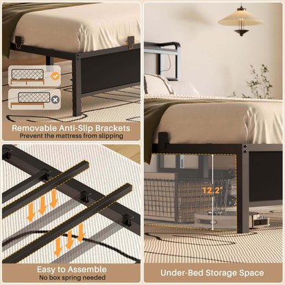 Full Size Bed Frame with Upholstered Leather Headboard, Built in Power Outlets and LED Lights