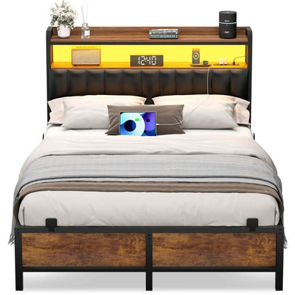 Full Size Bed Frame with Upholstered Leather Headboard, Built in Power Outlets and LED Lights