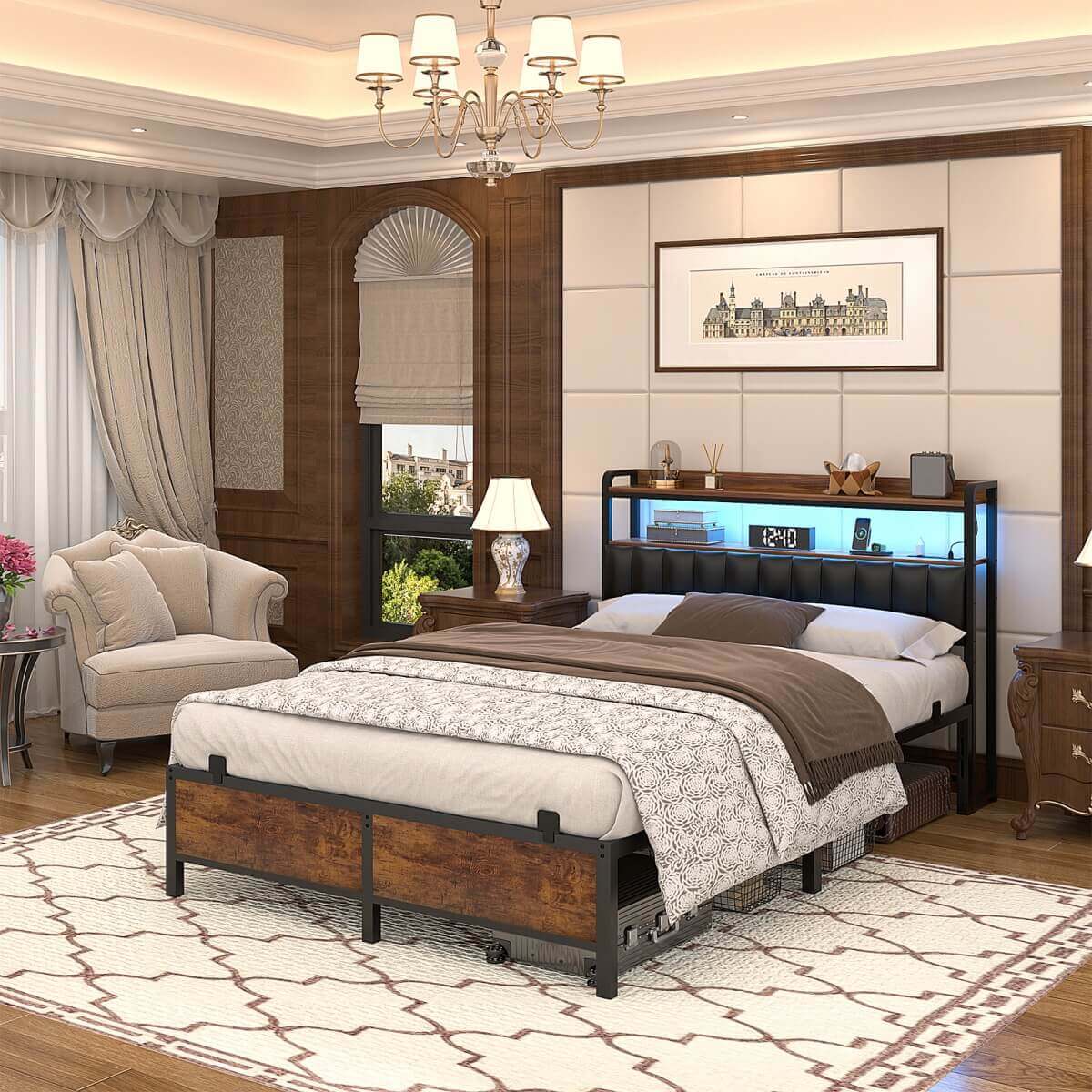 Full Size Bed Frame with Upholstered Leather Headboard, Built in Power Outlets and LED Lights