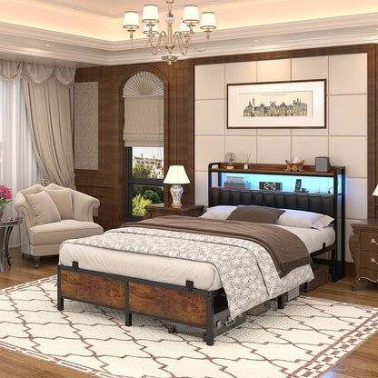 Full Size Bed Frame with Upholstered Leather Headboard, Built in Power Outlets and LED Lights