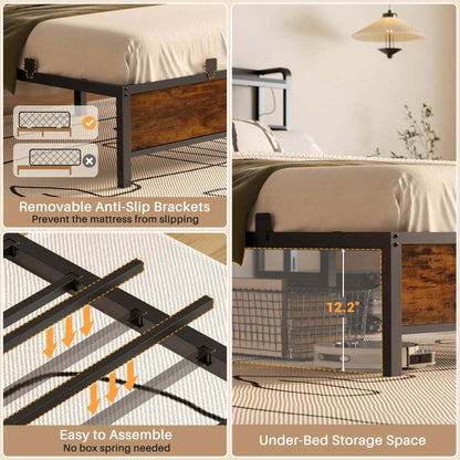 Full Size Bed Frame with Upholstered Leather Headboard, Built in Power Outlets and LED Lights