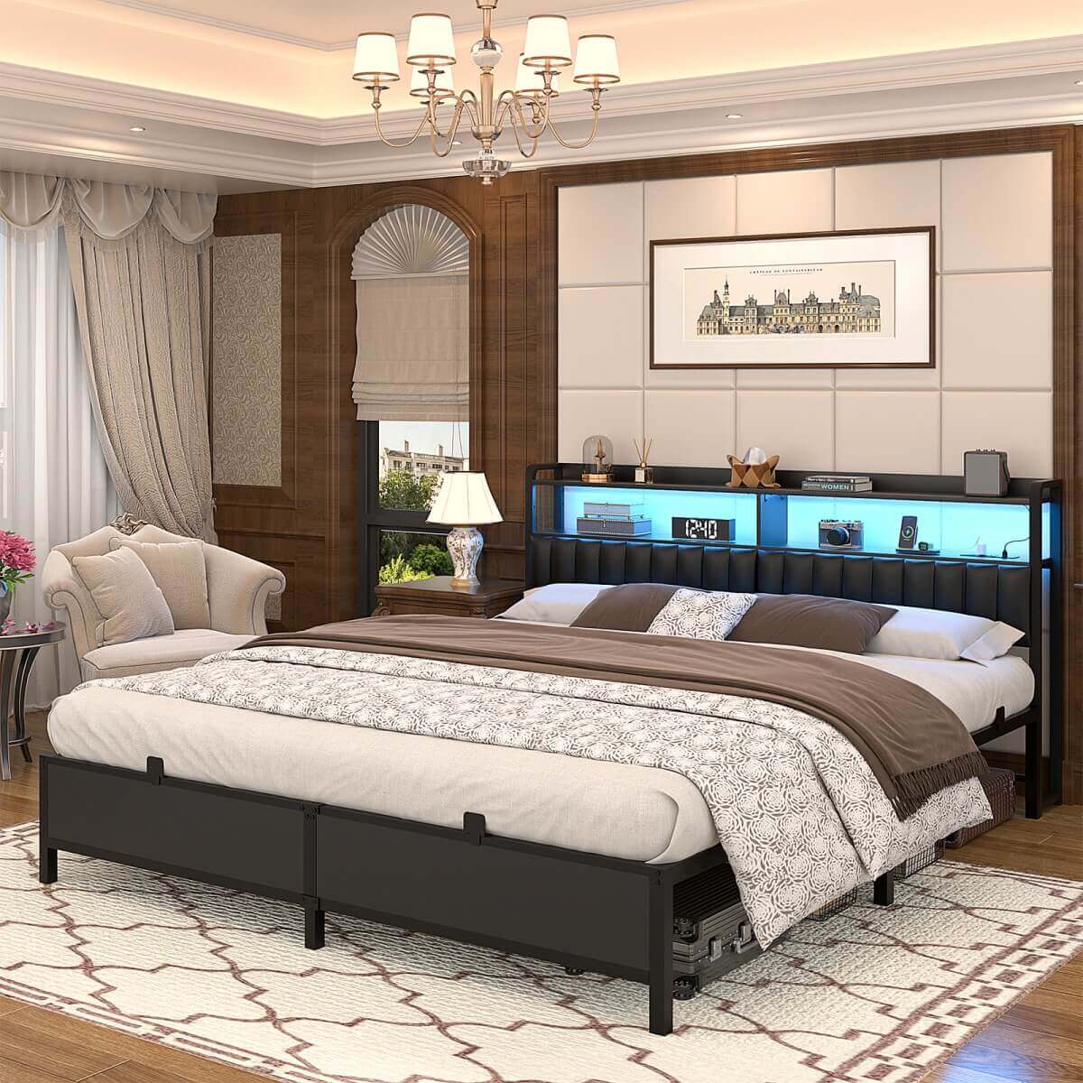 King Size Bed Frame with Upholstered Leather Headboard, Built in Power Outlets and LED Lights