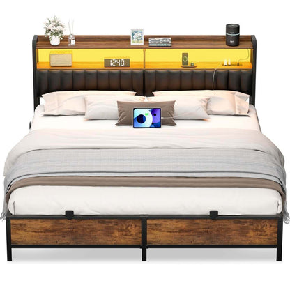 King Size Bed Frame with Upholstered Leather Headboard, Built in Power Outlets and LED Lights