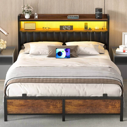 Queen Size Bed Frame with Upholstered Leather Headboard, Built in Power Outlets and LED Lights