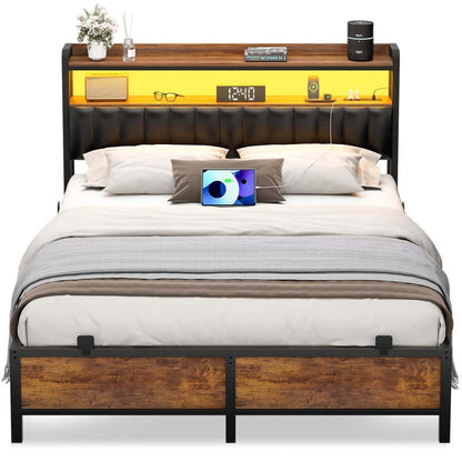 Queen Size Bed Frame with Upholstered Leather Headboard, Built in Power Outlets and LED Lights