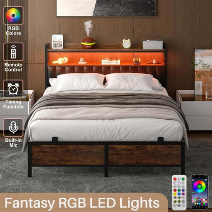 Queen Size Bed Frame with Upholstered Leather Headboard, Built in Power Outlets and LED Lights