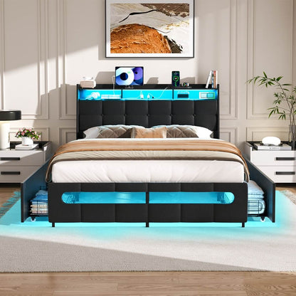 Upholstered Full Bed Frame with Storage Headboard, Drawers, Charging Station, and LED Light