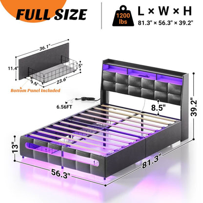 Upholstered Full Bed Frame with Storage Headboard, Drawers, Charging Station, and LED Light