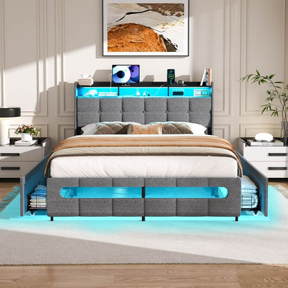 Upholstered Full Bed Frame with Storage Headboard, Drawers, Charging Station, and LED Light