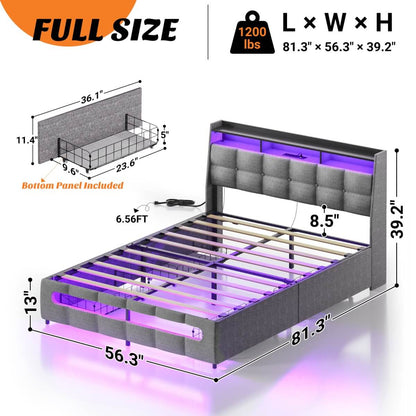 Upholstered Full Bed Frame with Storage Headboard, Drawers, Charging Station, and LED Light