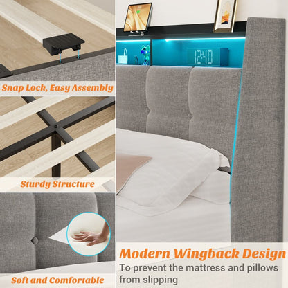 Upholstered Full Bed Frame with Storage Headboard, Drawers, Charging Station, and LED Light