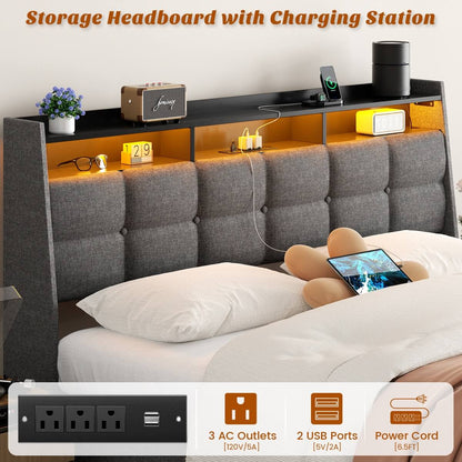 Upholstered Queen Bed Frame with Storage Headboard, Drawers, Charging Station, and LED Light