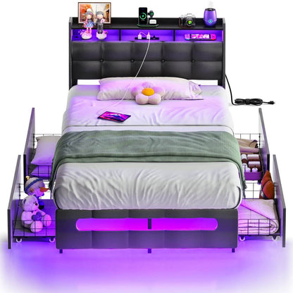 Upholstered Twin Bed Frame with Storage Headboard, Drawers, Charging Station, and LED Light
