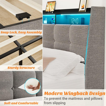 Upholstered Twin Bed Frame with Storage Headboard, Drawers, Charging Station, and LED Light